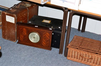 Lot 1005 - Edwardian mahogany barometer, tin trunk, wicker hamper and a vintage suitcase and contents