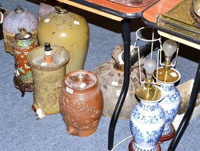 Lot 1013 - Quantity of table lamps including converted stoneware flagons, Chinese examples etc