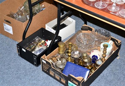 Lot 1014 - Four boxes including souvenir spoons, glassware, plated items, etc