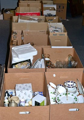 Lot 1015 - Nineteen boxes of decorative ceramics including collectors plates, tea wares, glass, corkscrews and