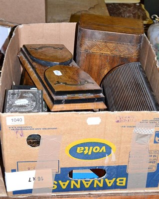 Lot 1040 - Group of 19th century boxes, correspondence rack and book slides including mahogany and walnut...