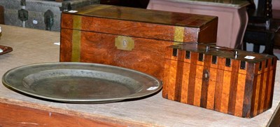 Lot 1044 - Brass bound writing slope and a 19th century Rosewood and maple tea caddy, a pewter charger and...