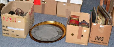 Lot 1047 - Three boxes of pewter, brass, collectable tins, together with a painted metal tray and a box of...