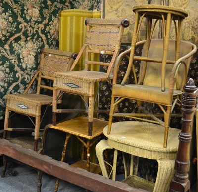 Lot 1085 - A Victorian bamboo two tier occasional table, and six other woven wicker chairs and tables (7)