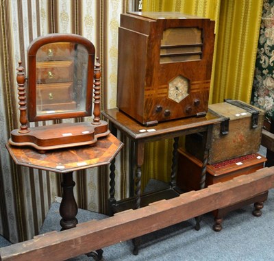 Lot 1092 - A Victorian toilet mirror, oak box with wrought iron hinges, an oak barley twist occasional...