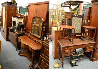 Lot 1098 - A mahogany and walnut two piece bedroom suite, a pair of occasional table, an oak fire screen,...