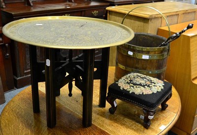 Lot 1106 - A brass bound coal bucket of staved construction, 35cm diameter; a late 19th century ebonised...