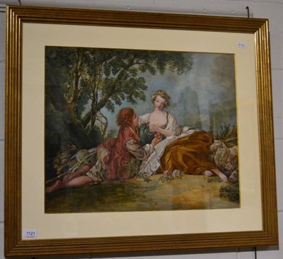 Lot 1121 - After Boucher, Lovers in pastoral landscape, watercolour and gouache