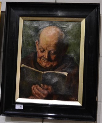 Lot 1123 - J. Lewis (British, 19th/20th century), Monk Reading, oil on canvas, inscribed verso J. Lewis, 9...