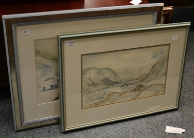 Lot 1139 - Two figurative pith paintings together with three watercolours (Allan Freer ";Borrowdale";,...