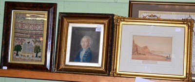 Lot 1161 - Framed sampler worked by Mary Taylor, Collace, dated 1858, a framed portrait of a gent in blue...