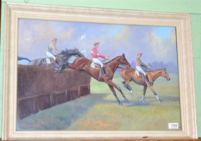 Lot 1164 - Wilfred Bailey, Horses and riders crossing a jump, signed, oil on canvas