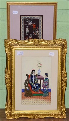 Lot 1170 - Two Chinese watercolours in dignitaries, in gilt frames; together with a Chinese silk panel, framed