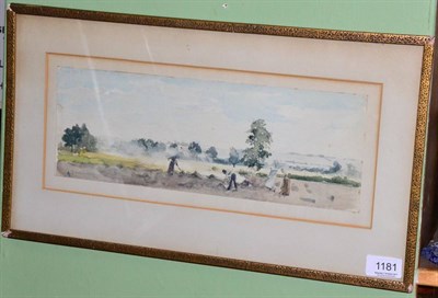 Lot 1181 - Albert Ludovici (19th/20th century) Figures working the land, signed, watercolour, 12.5cm by 35.5cm