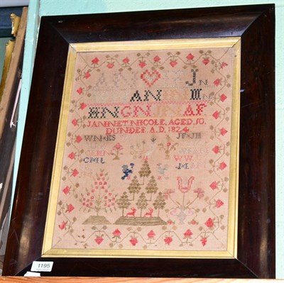 Lot 1195 - George IV alphabet sampler with strawberry and foliate design, by Jannet Nicole, aged 10 dated 1824