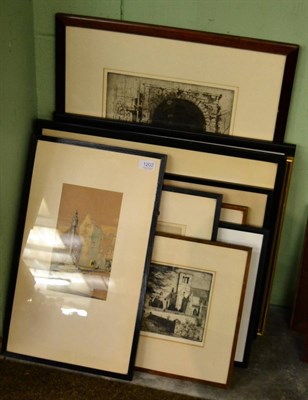 Lot 1202 - Headley Fitton (19th/20th century) Continental street scene, etching, together with a collection of