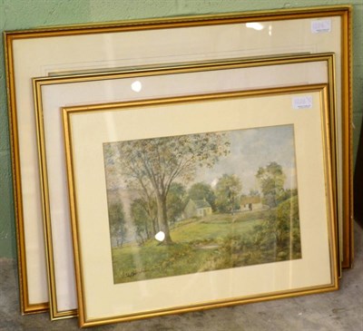 Lot 1206 - R L Browning (19th/20th century) Fisherman at a brook with sheep and blossom trees nearby,...