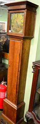 Lot 1240 - A mahogany thirty hour longcase clock, flat top pediment, plain trunk door, 10-inch brass dial with