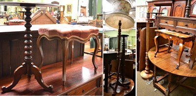 Lot 1256 - Victorian tripod table, mahogany torchere, standard lamp, another standard lamp, stool and a...