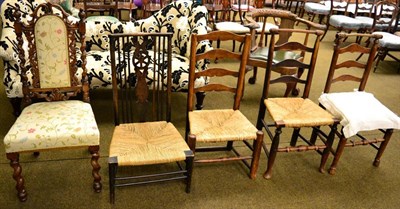 Lot 1295 - Pair of 19th century oak ladder back chairs, another similar chair, low spindle back ropework...