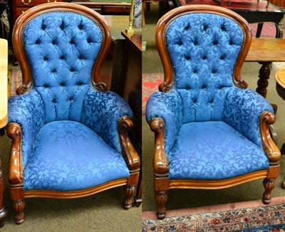 Lot 1312 - A pair of reproduction mahogany framed button back armchairs