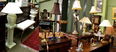 Lot 1325 - Brass and green glass desk lamp, together with a group of eight further table lamps, standard lamp