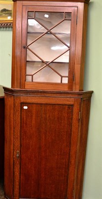 Lot 1332 - George III oak hanging corner cupboard, later glazed example and an Edwardian music cabinet