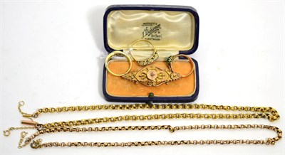 Lot 1 - A Victorian 9ct gold brooch, a 9ct gold diamond ring, two rings and two chains