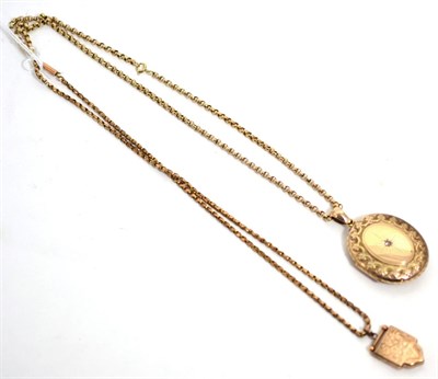 Lot 21 - A diamond set locket on belcher chain and another locket on chain