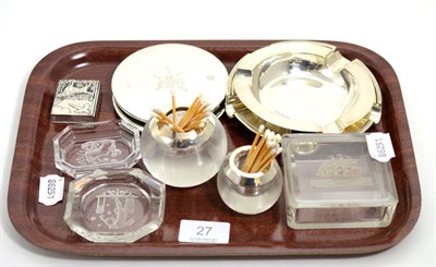 Lot 27 - Two silver ashtrays, two silver match strikers, two silver coasters, a plated box, two glass...