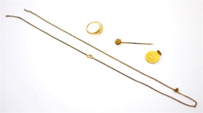 Lot 59 - An 18ct gold signet ring; an 18ct gold St Christopher medallion; a 9ct gold neck chain and a yellow