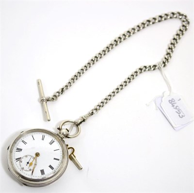 Lot 70 - A silver open faced pocket watch and a silver curb link chain