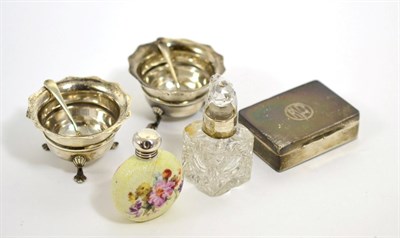 Lot 82 - A pair of silver salts and spoons, Asprey silver box 'RVDET' and two scent bottles
