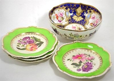Lot 105 - An English blue ground porcelain bowl and four porcelain dessert plates