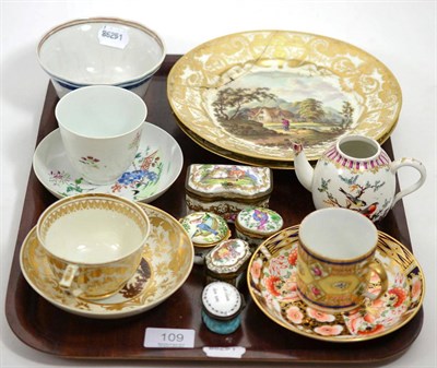 Lot 109 - A Chinese cup, saucer and bowl; a Derby cup and saucer; a coffee can and five small boxes