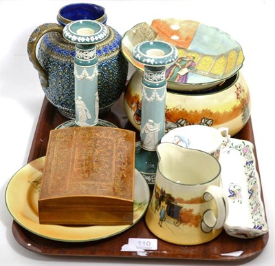Lot 110 - A group of Royal Doulton series ware including a Shylock dish, a pair of Carlton ware candlesticks