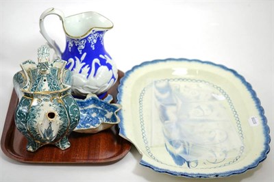 Lot 112 - Cranberry glass, graduated set of jasperware jugs, Victorian blue jug embossed with swans,...