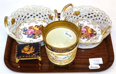 Lot 116 - A pair of 19th century floral painted parcel gilt pierced porcelain baskets, a gilt metal...