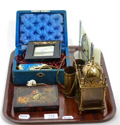 Lot 118 - A Deco mantle clock, modern lantern timepiece, blue hinged box enclosing beads, small bead work...