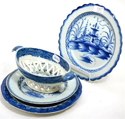 Lot 131 - Two pearlware plates, Delft plate, chestnut basket