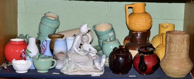 Lot 148 - Nao figure group, Copenhagen vase, treacle glaze teapot, set of three pottery jugs, Upchurch...