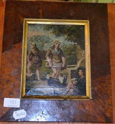 Lot 151 - 19th century burr wood frame with small oil painting 'Washday'