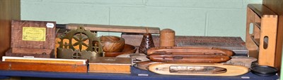 Lot 160 - Two Indian caved hardwood boxes, various boxes, chess set, four vintage loom shuttles etc