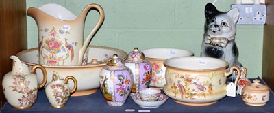 Lot 180 - A quantity of blush ivory wares including two Royal Worcester jugs (one a.f.) a crown Devon...