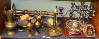 Lot 181 - A quantity of metal wares including 19th century brass chamber stick, silver painted candelabra etc