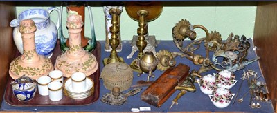 Lot 182 - A quantity of metal ware, a quantity of ceramics and two oil lamps