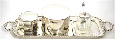 Lot 245 - A plated oblong tray, a plated circular biscuit box, a plated small biscuit box, a plated jam...