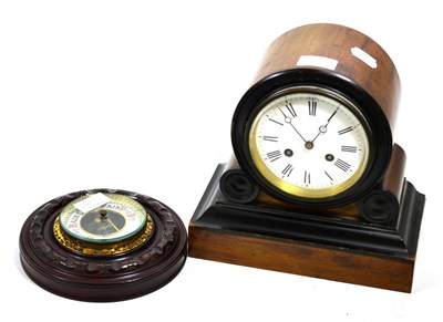 Lot 247 - Three striking mantel clocks, an inlaid mantel timepiece and an aneroid barometer (5)