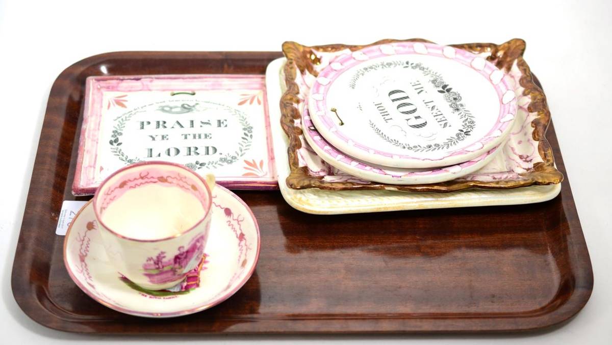 Lot 270 - Five Sunderland religious plaques and a 19th century cup and saucer