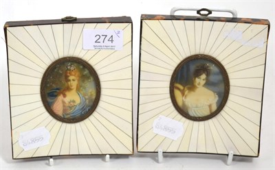 Lot 274 - A pair of early 20th Century piano key portrait miniatures of ladies,  with tortoise shell...